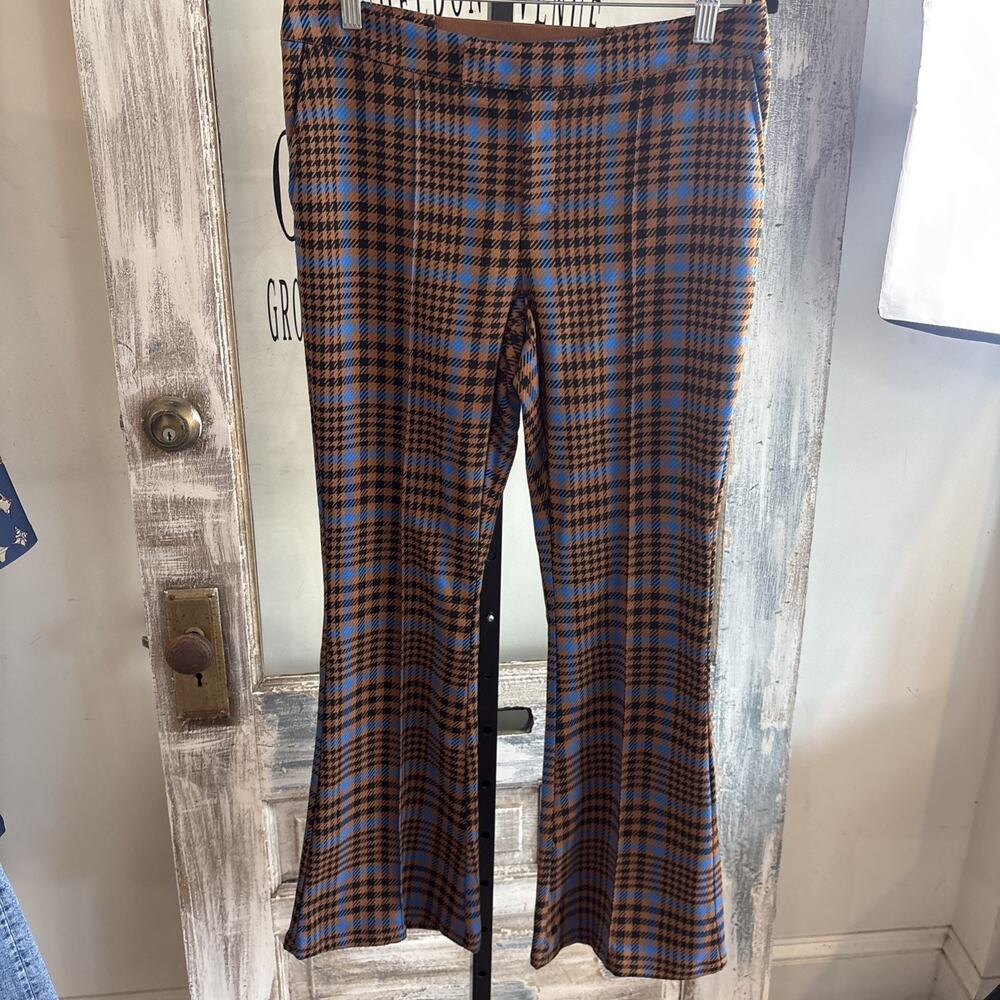 Future Collective Women's Brown/Blue Plaid Flared Dress Pants Size 8